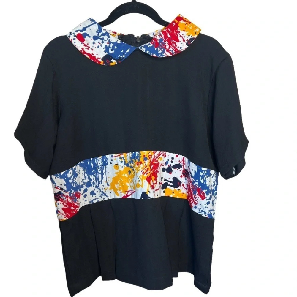 Vintage Traditional urban print trim waist collar black short-sleeve blouse Sz L